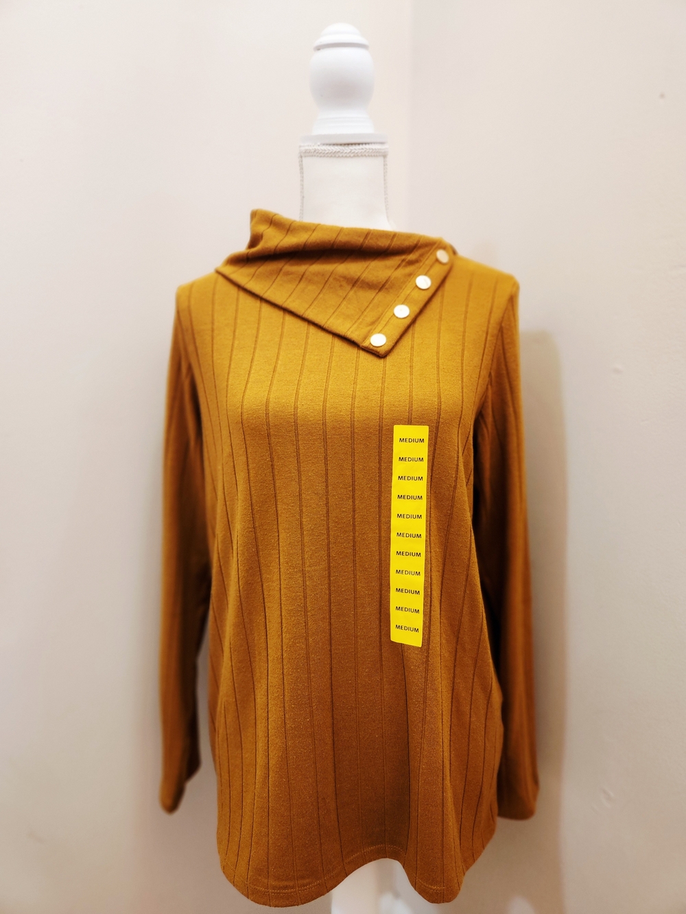 RAFAELLA Ribbed Asymmetric Button Turtleneck Sweater - Mustard